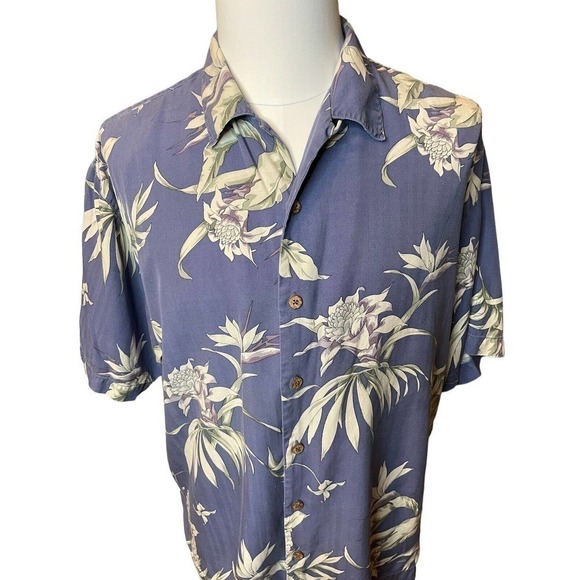 Tommy Bahama Silk Camp Shirt Wood Buttons Blue Floral Men's Size Large Hawaiian - Picture 6 of 9